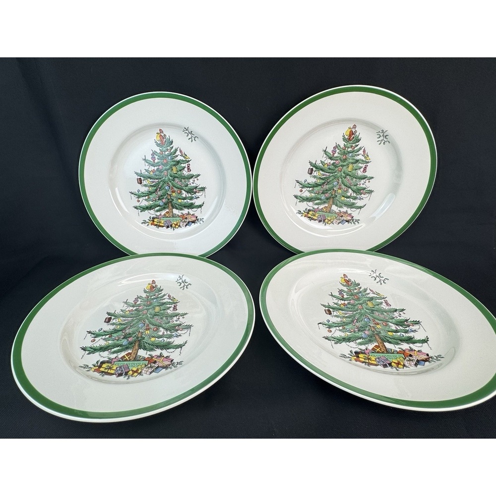 Set of 4 SPODE Christmas Tree Dinner Plates Made in England S3324- 10 3/4"